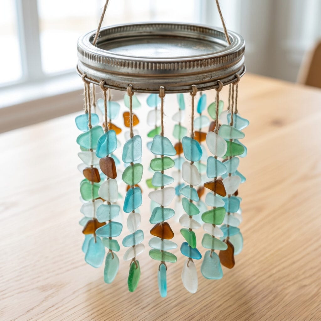 An upcycled wind chime made from a metal mason jar lid rim and hanging strands of ocean glass.