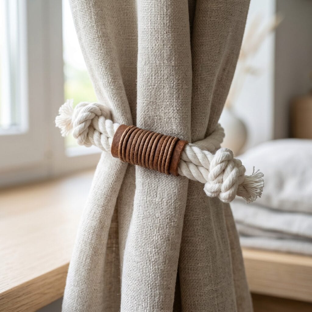 A Scandinavian style white cotton rope curtain tieback with large overhand knots and a brown leather wrap.