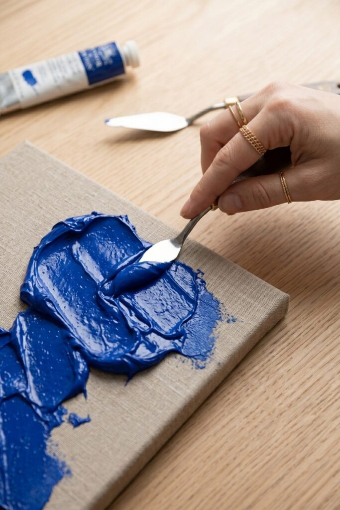 Close-up of female artisan hands applying thick, vibrant blue impasto paint with a palette knife for a textured easy painting for beginners artwork.