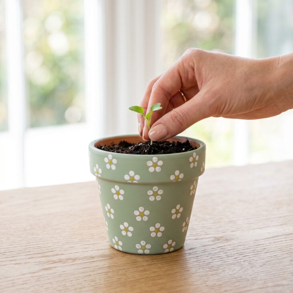 A cheerful hand painted terracotta pot painted soft sage green and covered in tiny white daisy flower petals.