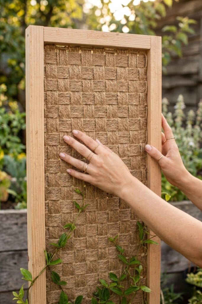 Female artisan hands touching a finished rustic garden trellis made of a wooden frame tightly woven with a natural jute twine grid.