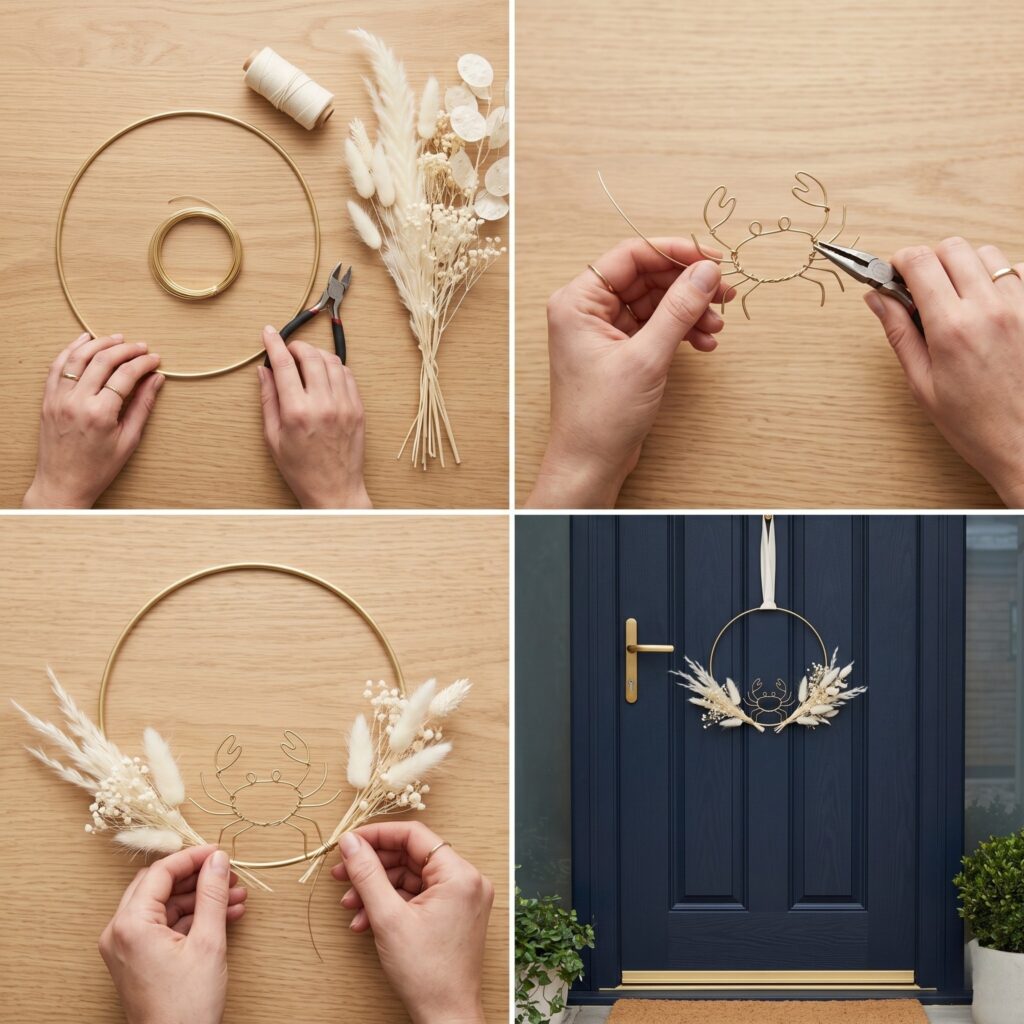 A step-by-step 2x2 photo grid showing how to make an elegant brass hoop crab wreath for a summer front door.