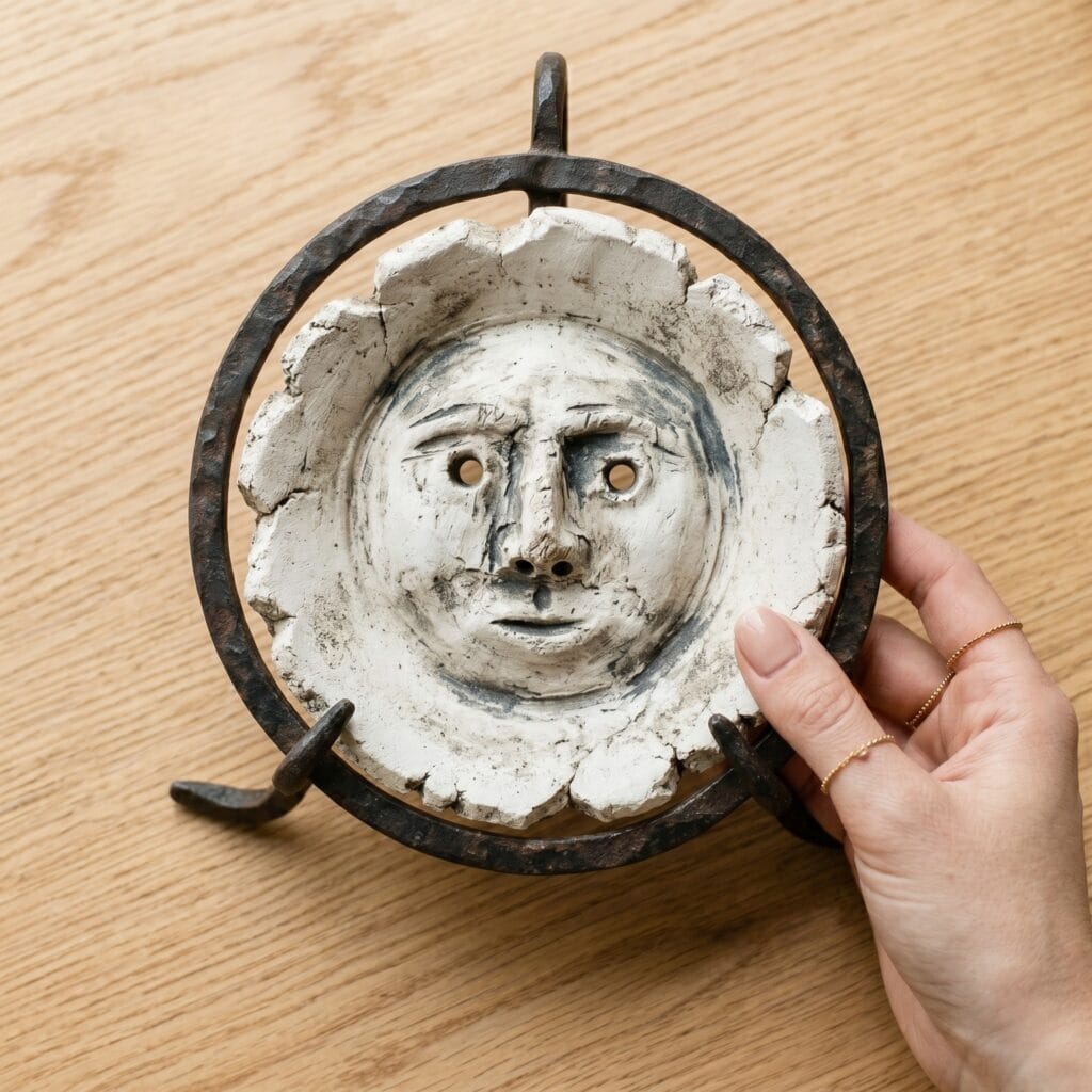 A single hand placing a cracked, antique-style white clay face plate into a heavy iron display stand.