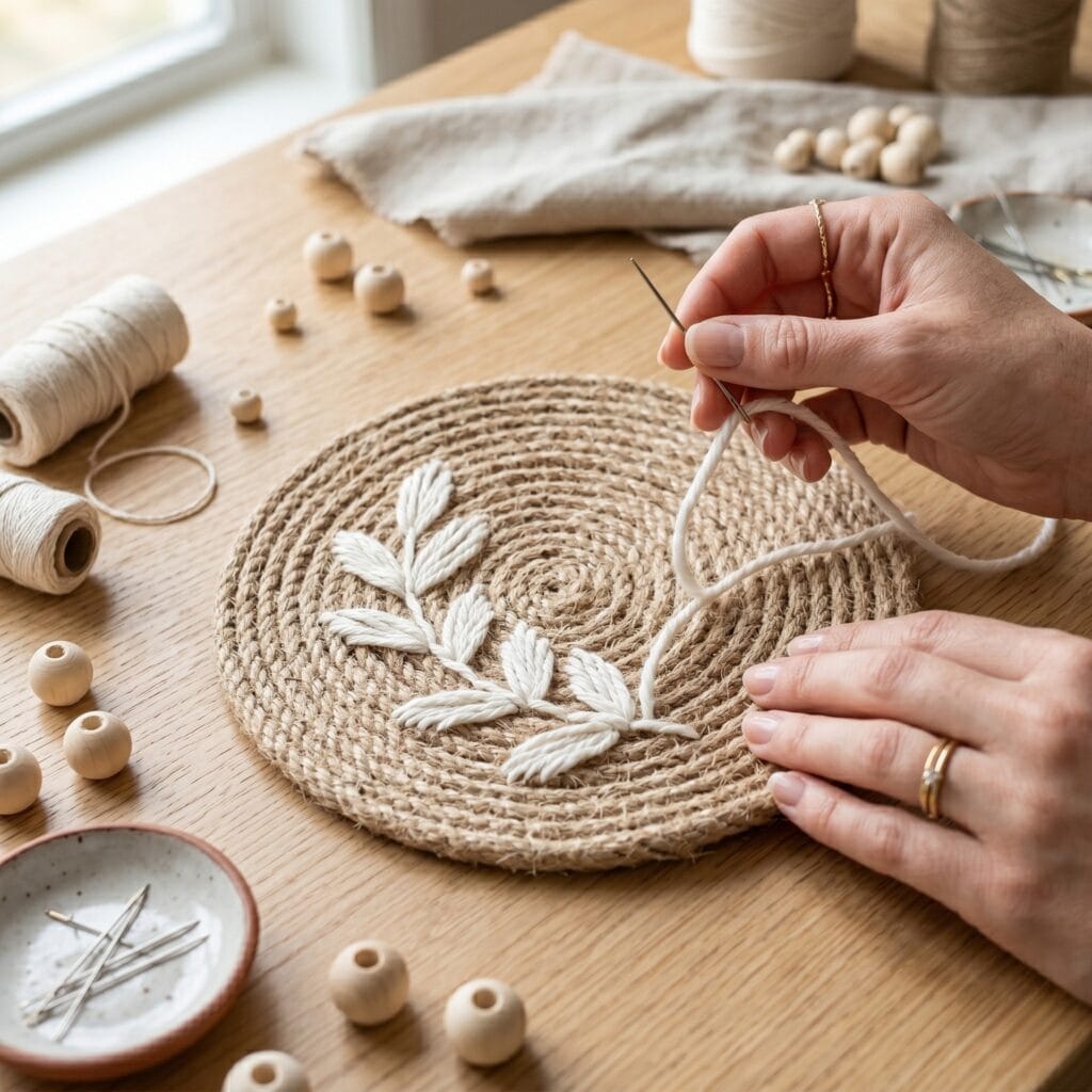 A flat coiled jute rope coaster featuring a delicate white cotton yarn embroidery of a botanical leaf sprig in the center