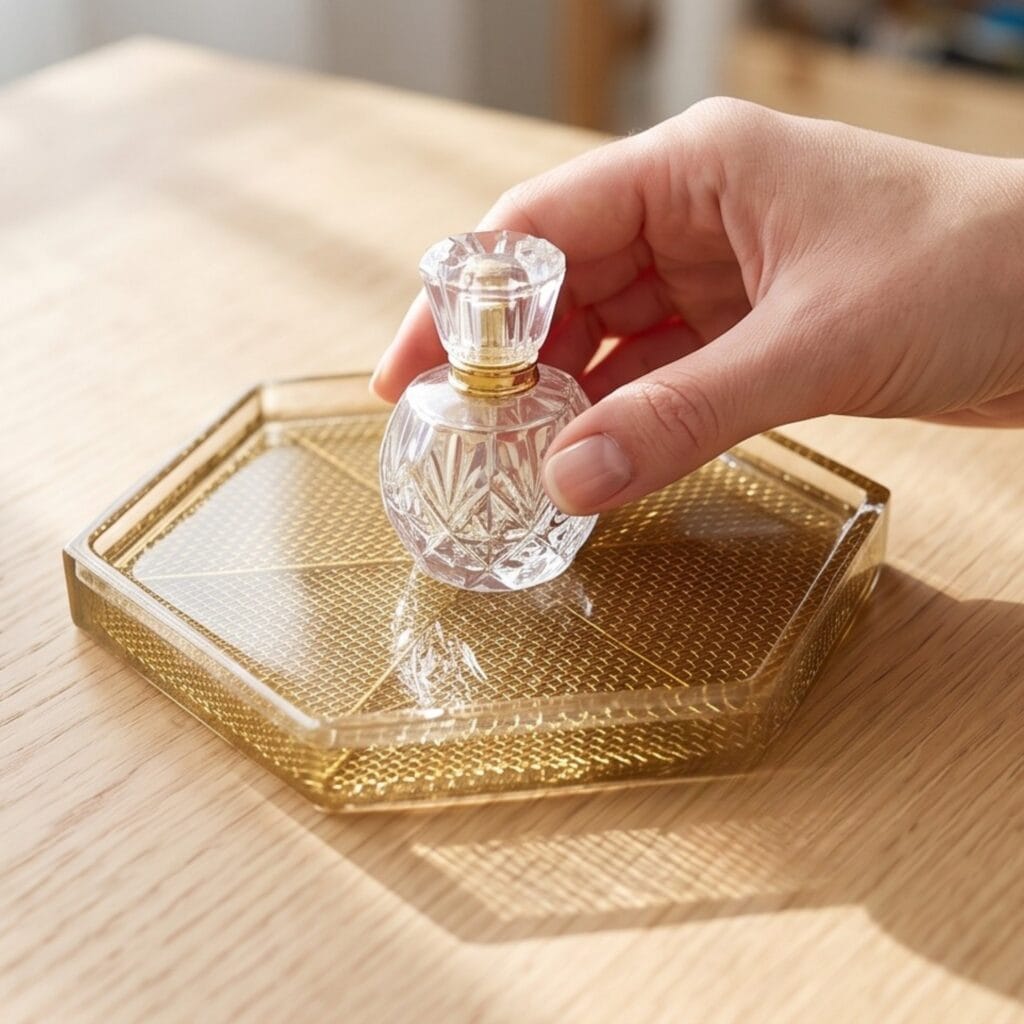 A single hand placing a perfume bottle onto a finished hexagonal clear resin tray with embedded brass mesh.