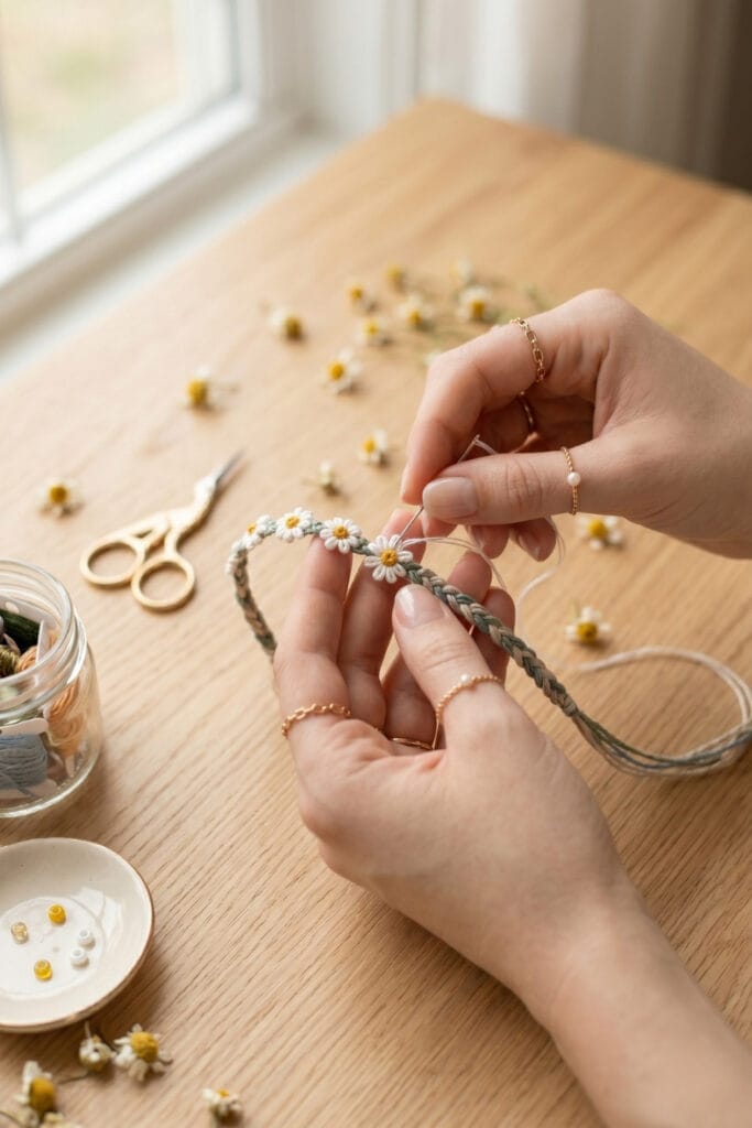 Close view of tiny flower shapes knotted for romantic DIY bracelets with string.