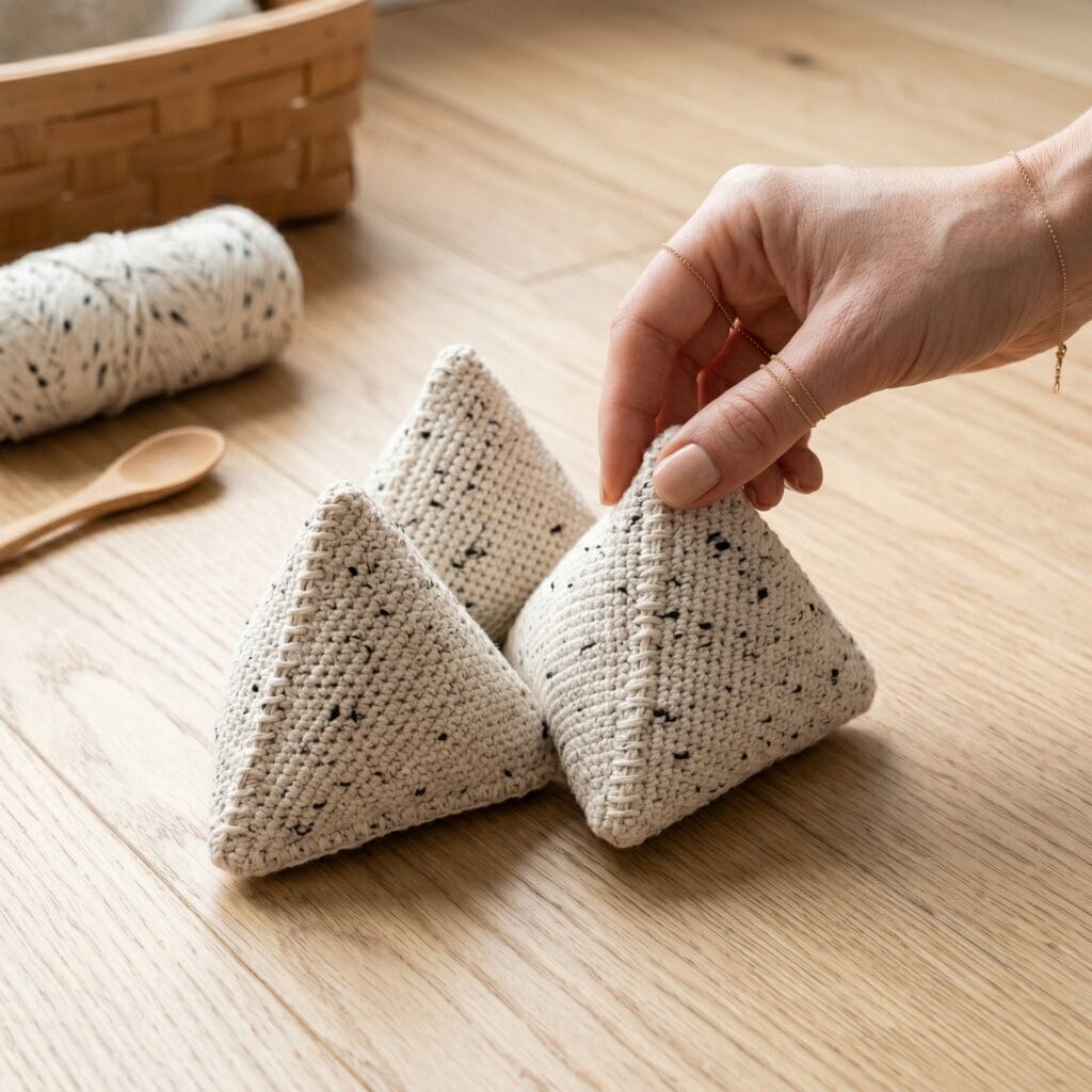 A single hand placing a finished modernist speckled cream crochet triangle cat toy on a hardwood floor.