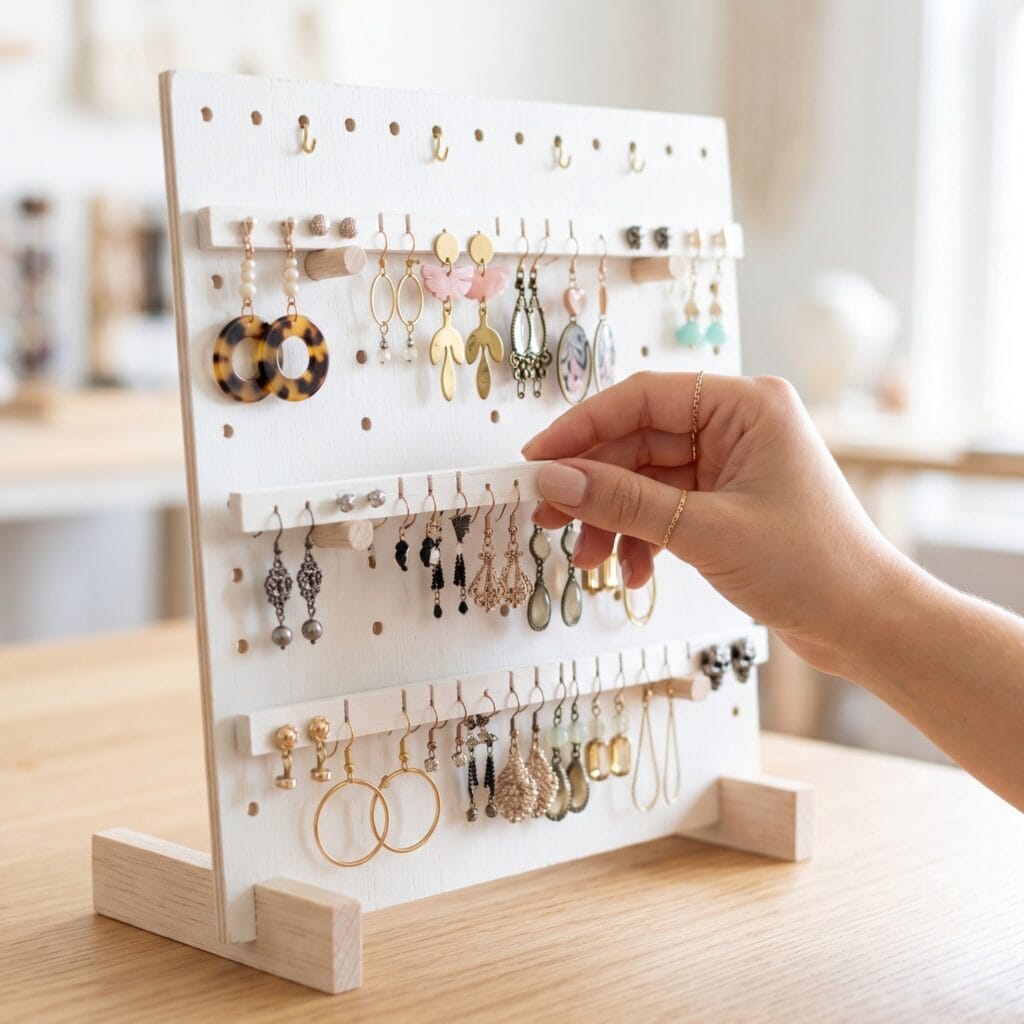 Hands adjusting a wood slat on a mini white pegboard display with earrings attached, demonstrating custom organization.