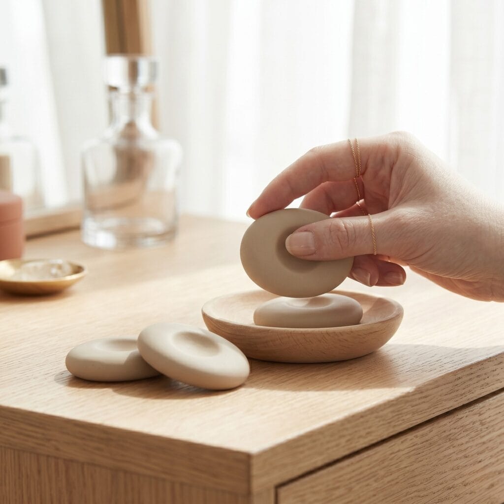 A manicured hand holding a finished beige clay pebble worry stone with a smooth, ergonomic thumb print indentation.