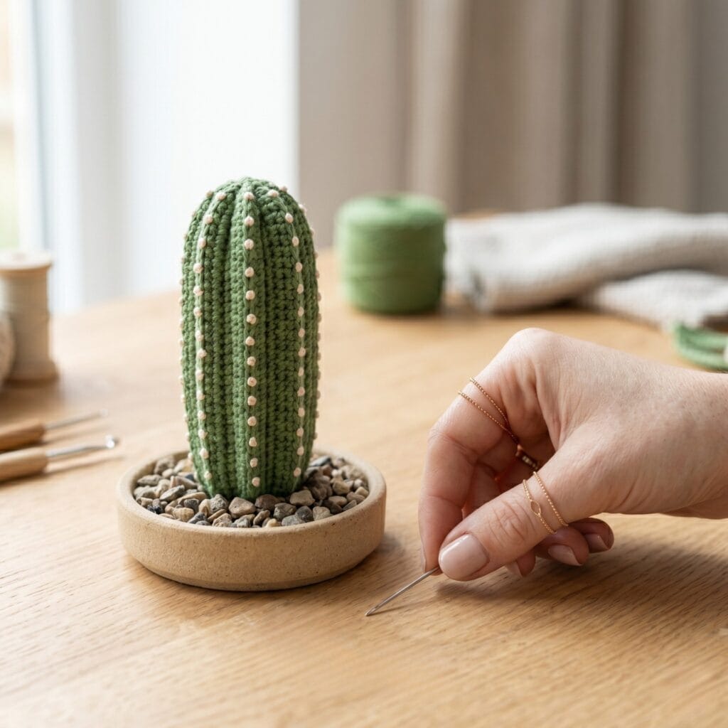 Hands placing a darning needle next to a ribbed crochet desert column cactus in a sandstone dish with gravel.