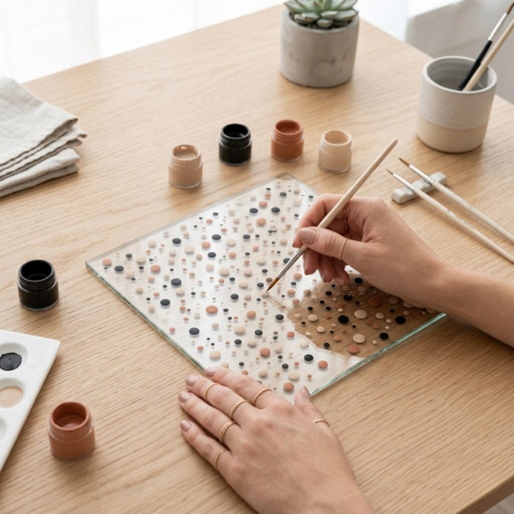 A unique terrazzo pattern being painted onto the back of a glass tray as a trendy DIY accent.