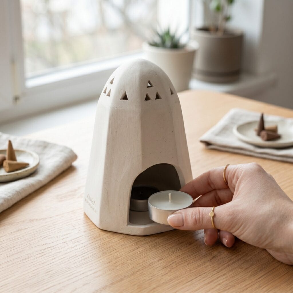 A manicured hand sliding a tealight candle through the arched opening of a white tapered air dry clay pottery oil burner shell with geometric windows.