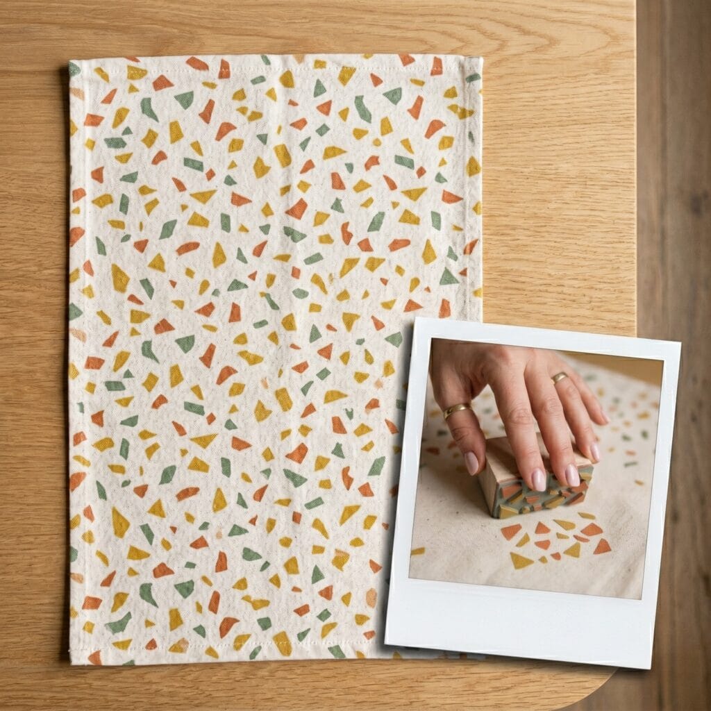 A contemporary woven tea towel showcasing a dense and energetic all over terrazzo fleck print pattern stamped in soft muted tones of mustard yellow terracotta and sage green
