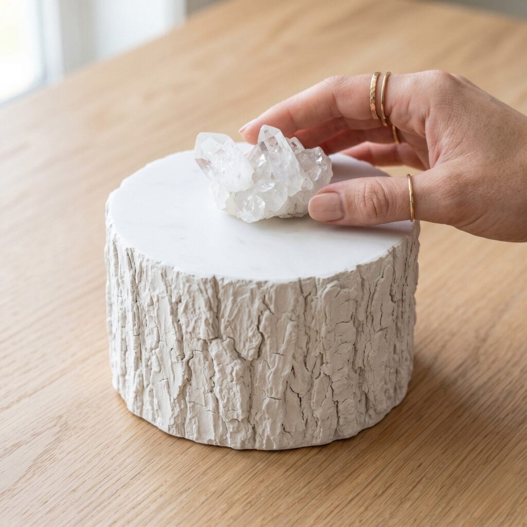 A manicured hand placing a clear raw quartz crystal onto the smooth top of a cylindrical plaster display plinth with textured cedar bark sides.