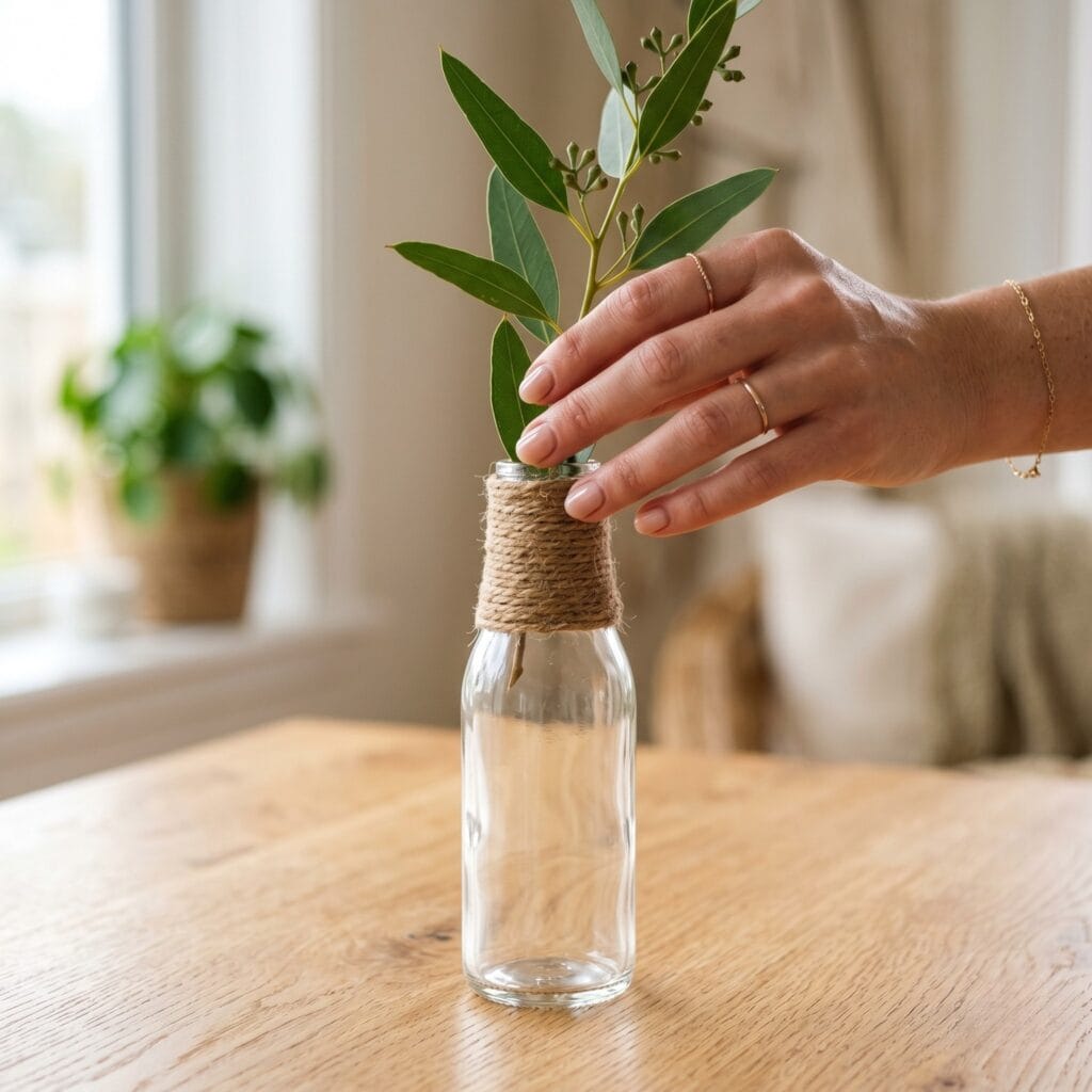 A close-up of a manicured hand placing a green eucalyptus stem into an upcycled glass bottle vase wrapped with natural jute twine.