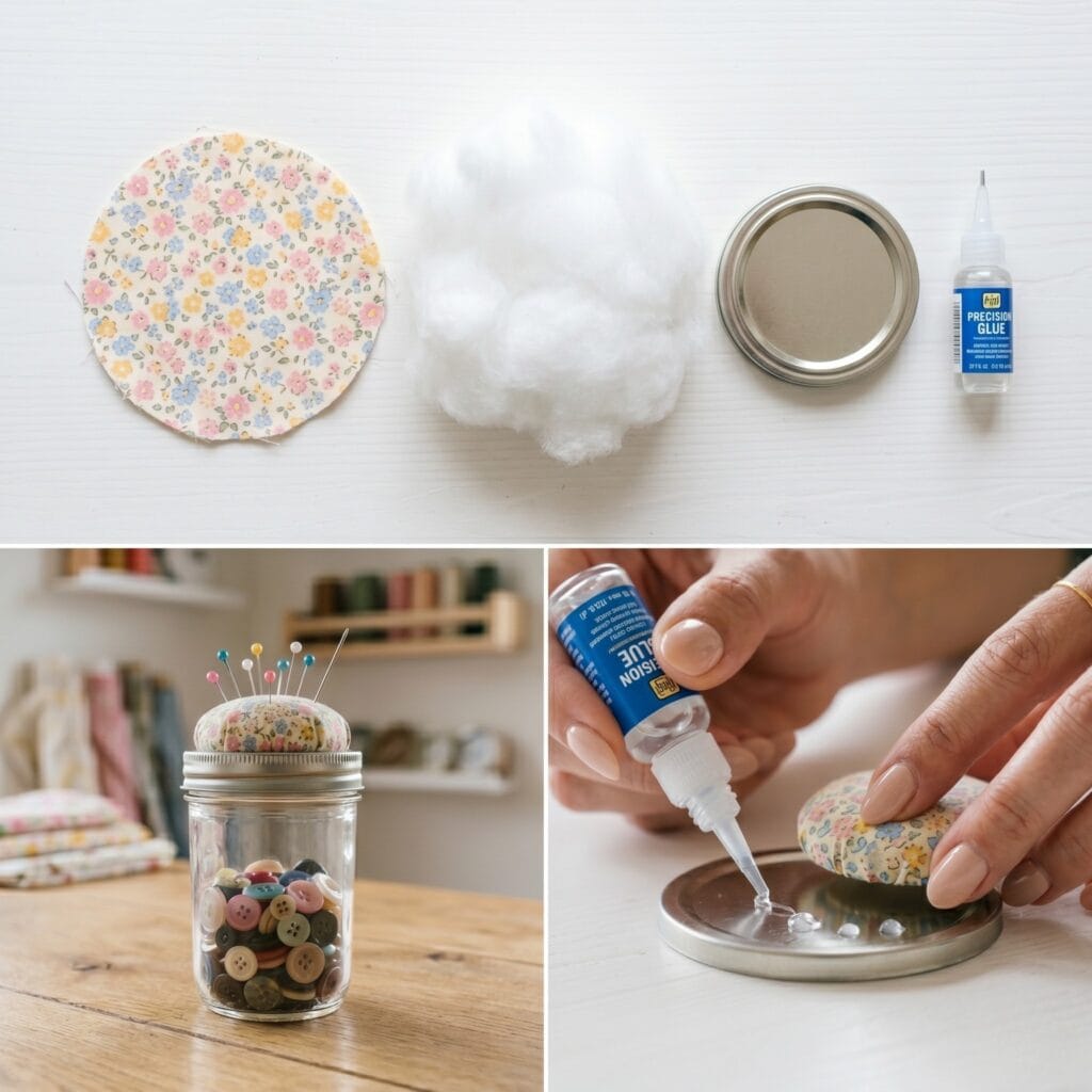 A 3-panel upcycling grid showing pastel fabric and a silver metal jam jar lid, a hand pressing a soft fabric puff onto the lid, and a finished clear glass jar holding spare buttons with a puffy pastel pincushion safely glued to its top.