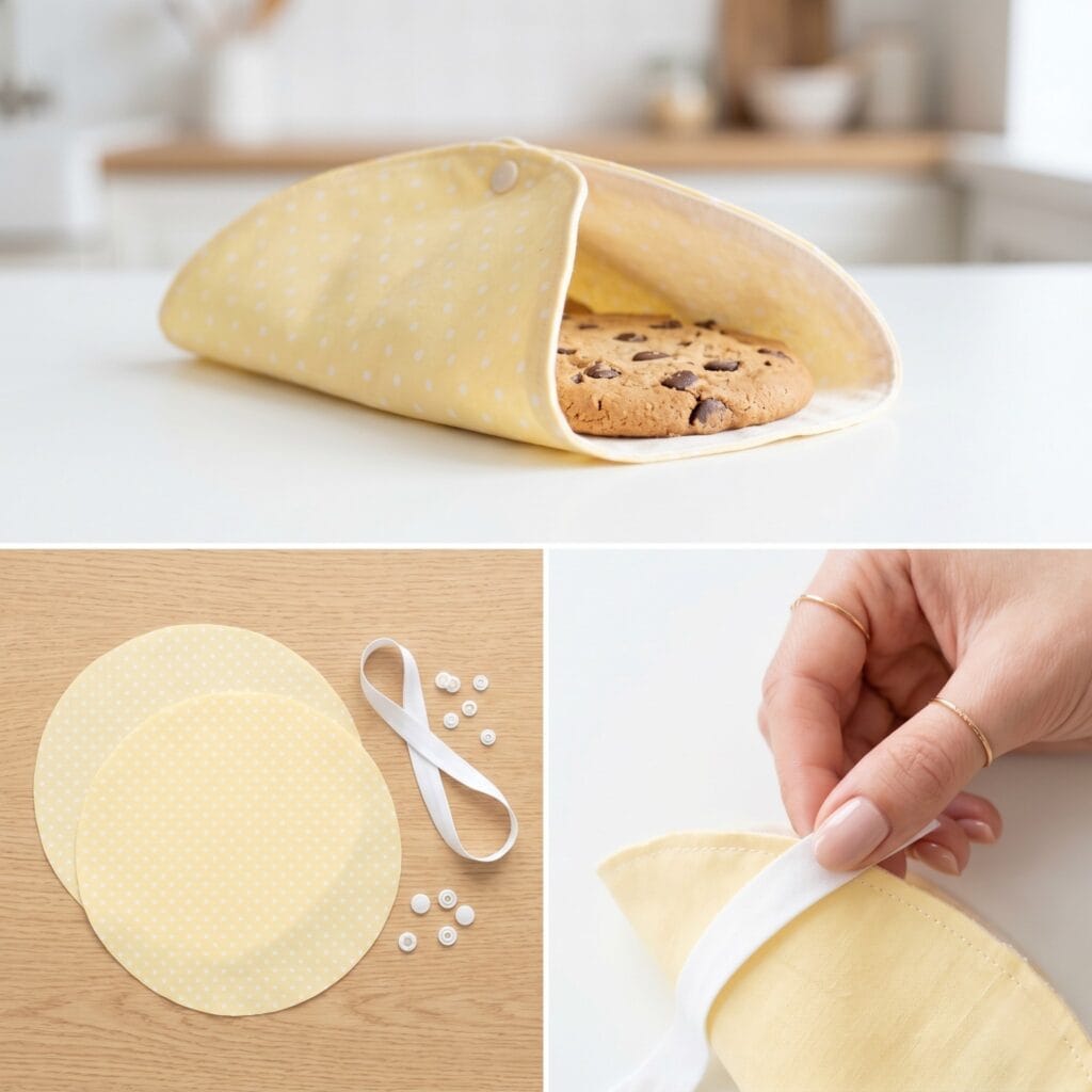 A 3-panel creative sewing layout showing circular yellow polka-dot fabric pieces, a single elegant hand matching white bias tape along the curved border, and the final round wrap folded in half with a large, flat chocolate chip cookie inside.