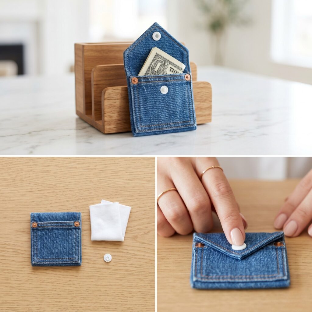 A 3-panel compact craft layout showing an intact small denim watch pocket with copper rivets and a manicured finger installing a white snap on the pointed flap, beside the finished tiny wallet holding a folded banknote while leaning against a wooden desk organizer.