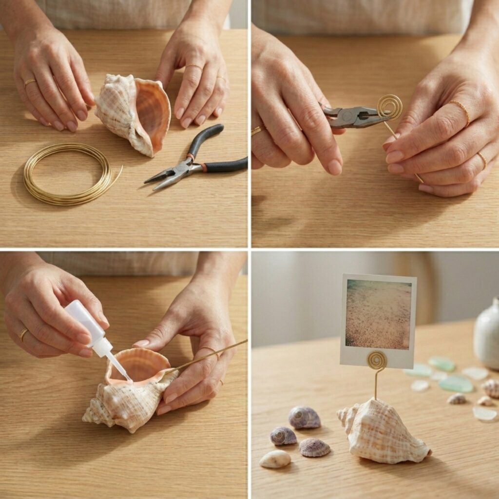 A step-by-step 2x2 photo grid tutorial showing the DIY process of making wire photo holders using a heavy conch shell and raw brass wire.