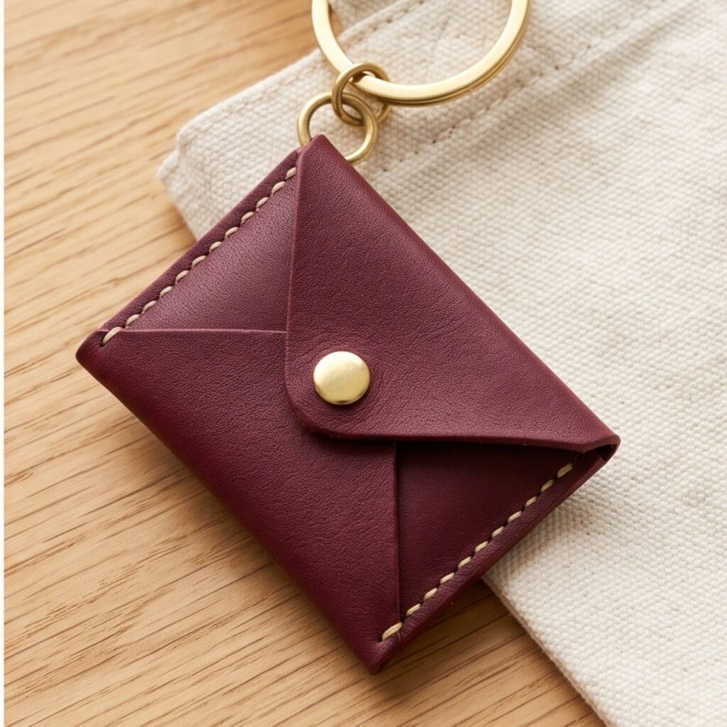 A tiny leathercraft burgundy leather envelope pouch.