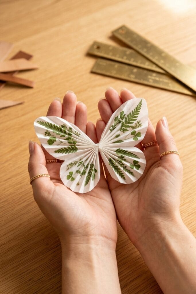 Close-up of female artisan hands with gold chain rings meticulously using a fine brush to apply clear glue and carefully press tiny green leaves onto a coffee filter wing.