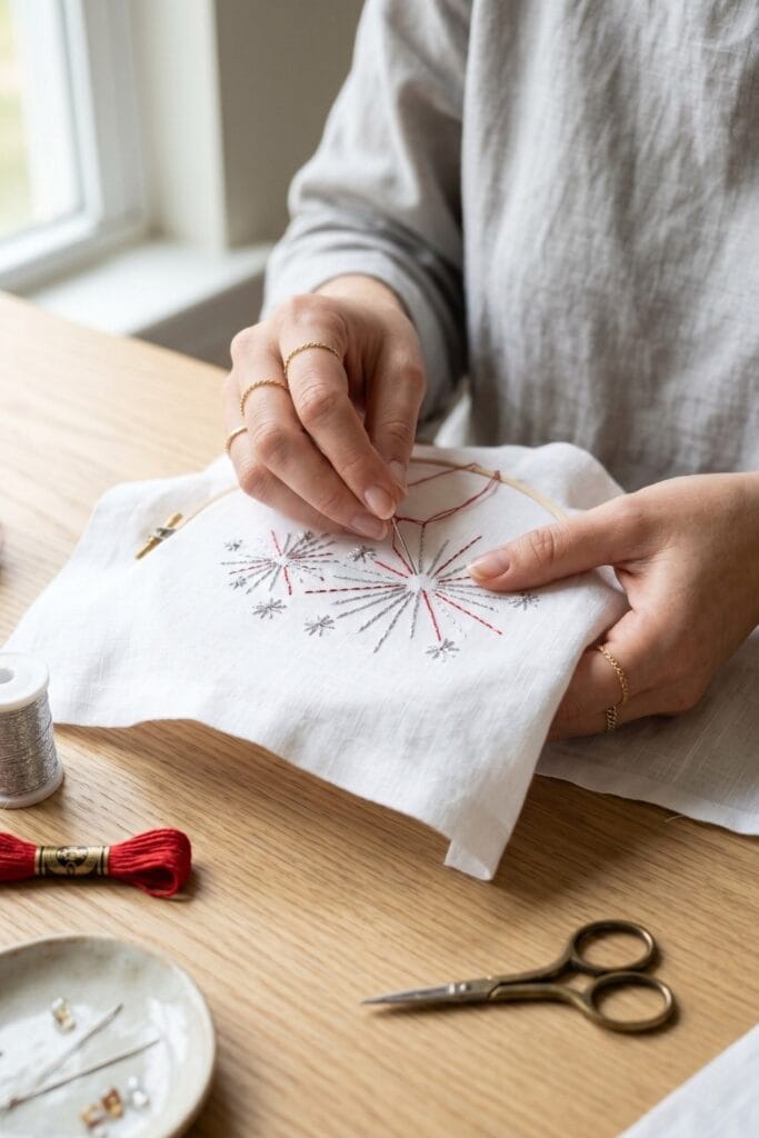 Female artisan hands stitching silver and red fireworks onto white linen for 4th of July crafts.