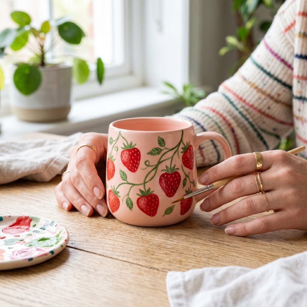 A smooth ceramic mug with a painted pastel pink base decorated with a hand painted flat pattern of plump bright red strawberries and light green leaves