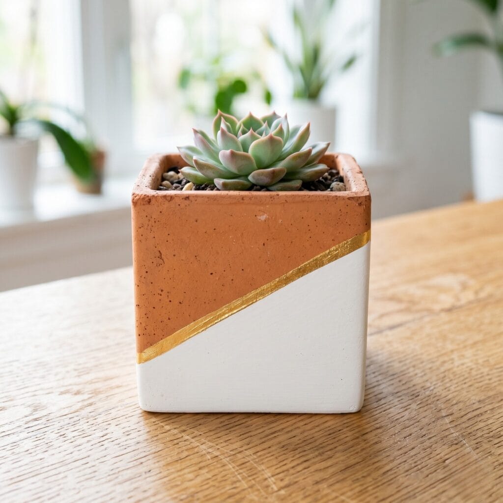 A modern square hand painted terracotta pot with a sharp diagonal masking line dividing raw clay and crisp white paint.