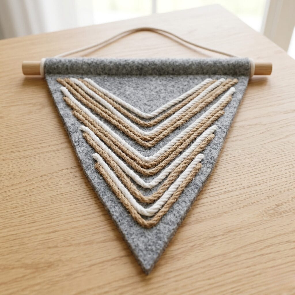 A geometric triangle wall pennant craft decorated with parallel rows of jute and cotton ropes.