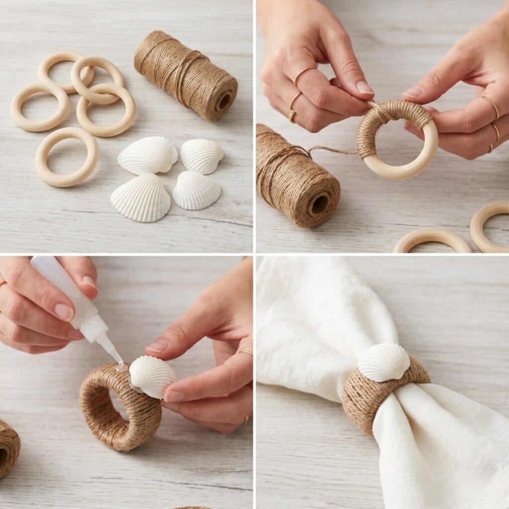 A perfectly square 1:1 photo grid tutorial showing the step-by-step DIY process of wrapping a wooden ring with hemp twine and attaching a seashell.