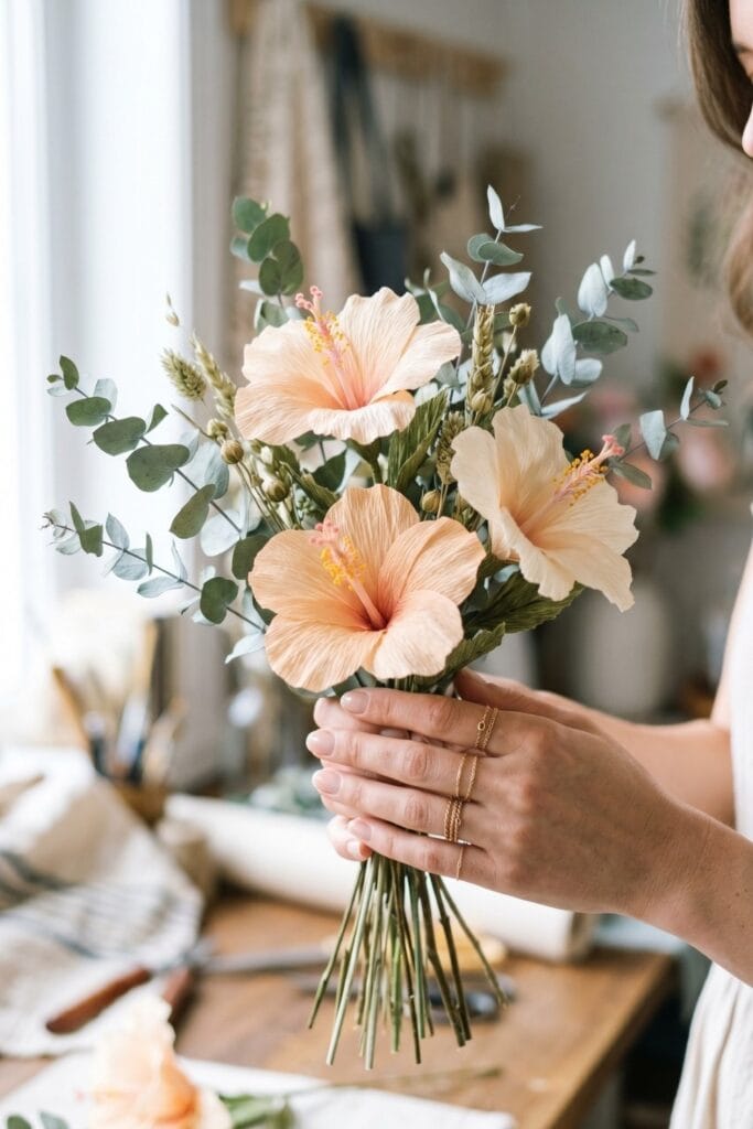 Close-up of female artisan hands holding a completed sophisticated bouquet made of realistic paper hibiscus flowers and real dried green eucalyptus stems.
