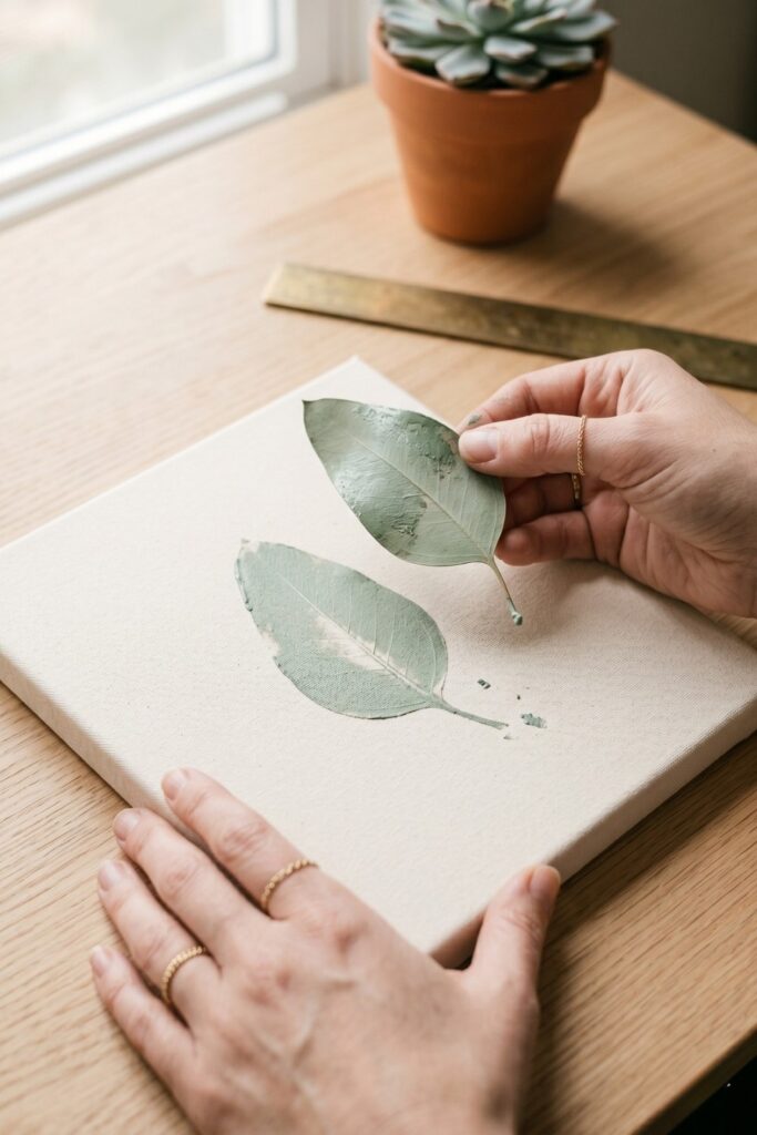 Female artisan hands pressing a painted eucalyptus leaf onto a canvas to create a natural botanical stamp for an easy painting for beginners project.