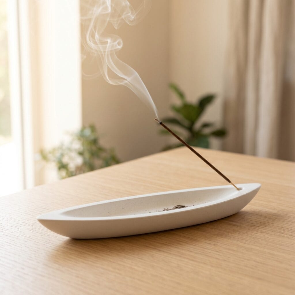 A single perfectly square photo of a long, elegant boat-shaped white cement incense burner on a light oak wood table. A stick of incense is held at an angle with a soft, aesthetic wisp of smoke rising softly into the natural sunlight. Minimalist zen decor.