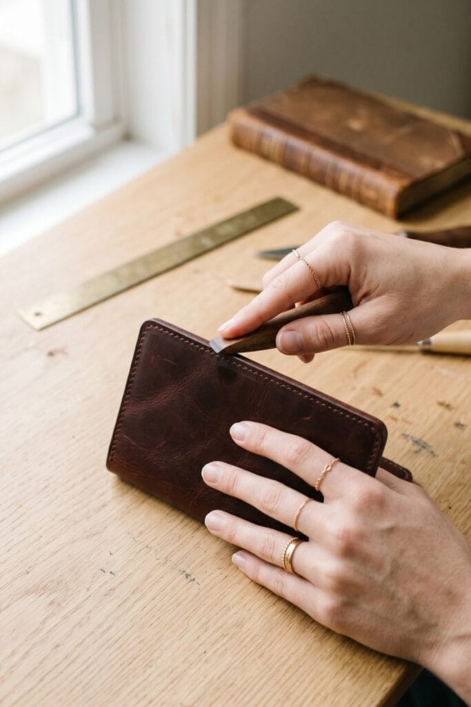 Female artisan hands burnishing the edges of a leather passport holder for Father's Day crafts.
