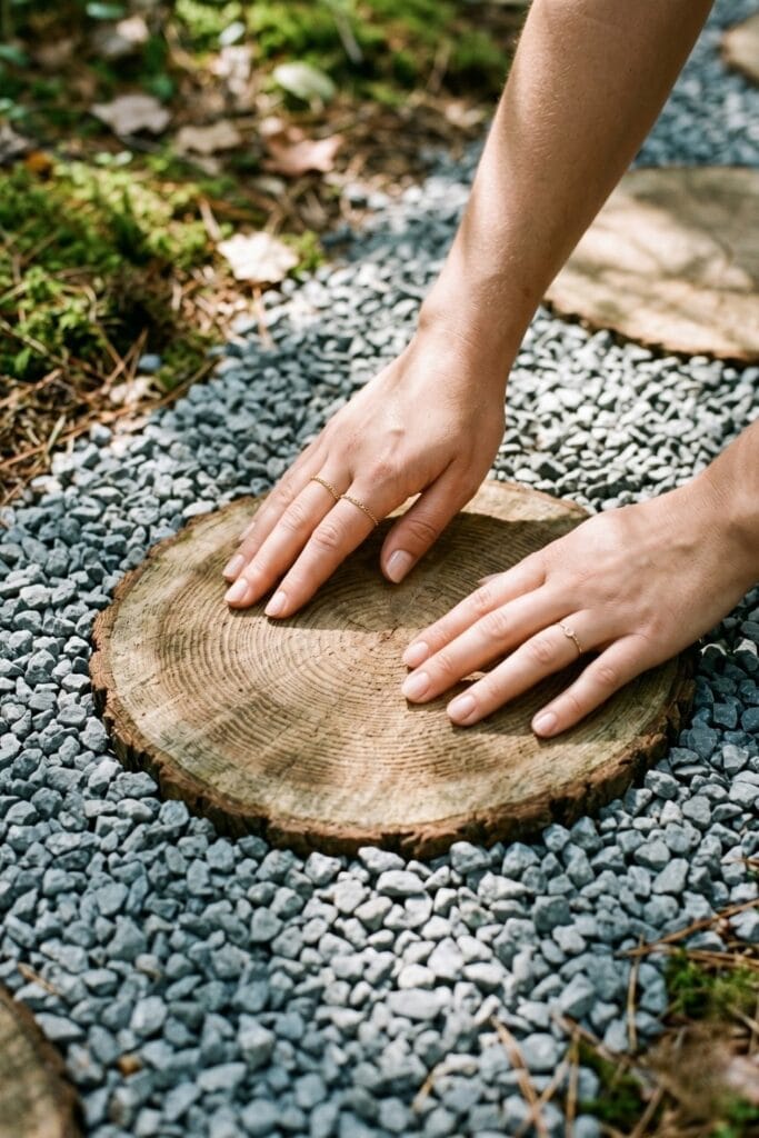 Female artisan hands gently touching the surface of a completed outdoor walking path made of a thick natural wood slice surrounded by small grey gravel.