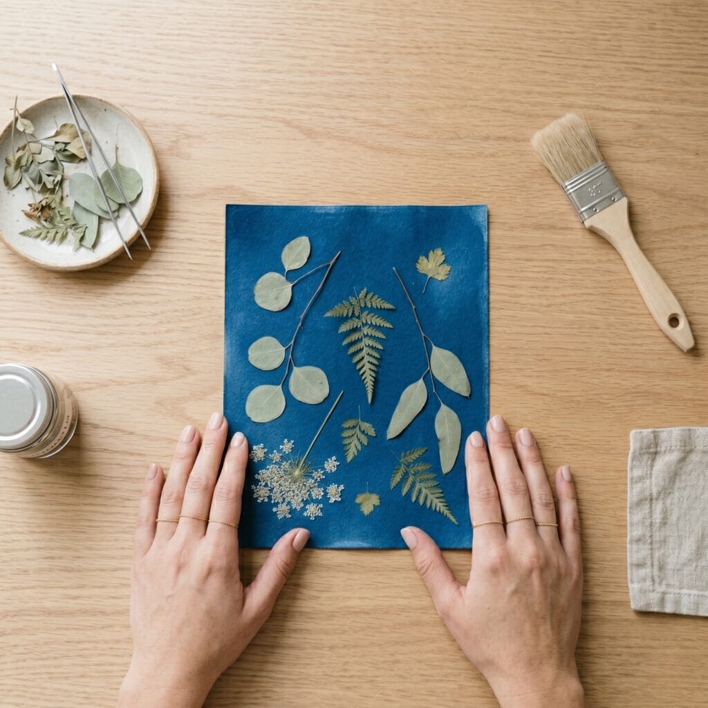 Organic cyanotype botanical sunprints showing creative DIY wall art decor