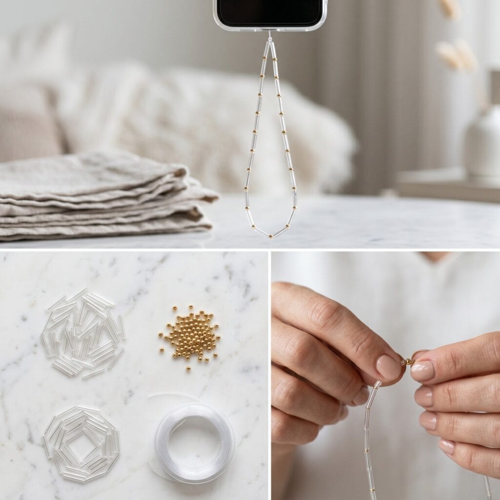 A 3-panel minimalist jewelry tutorial showing ultra-thin transparent glass bugle tube beads and tiny 14k gold-plated metal rounds being strung into a sleek, quiet luxury phone charm line.