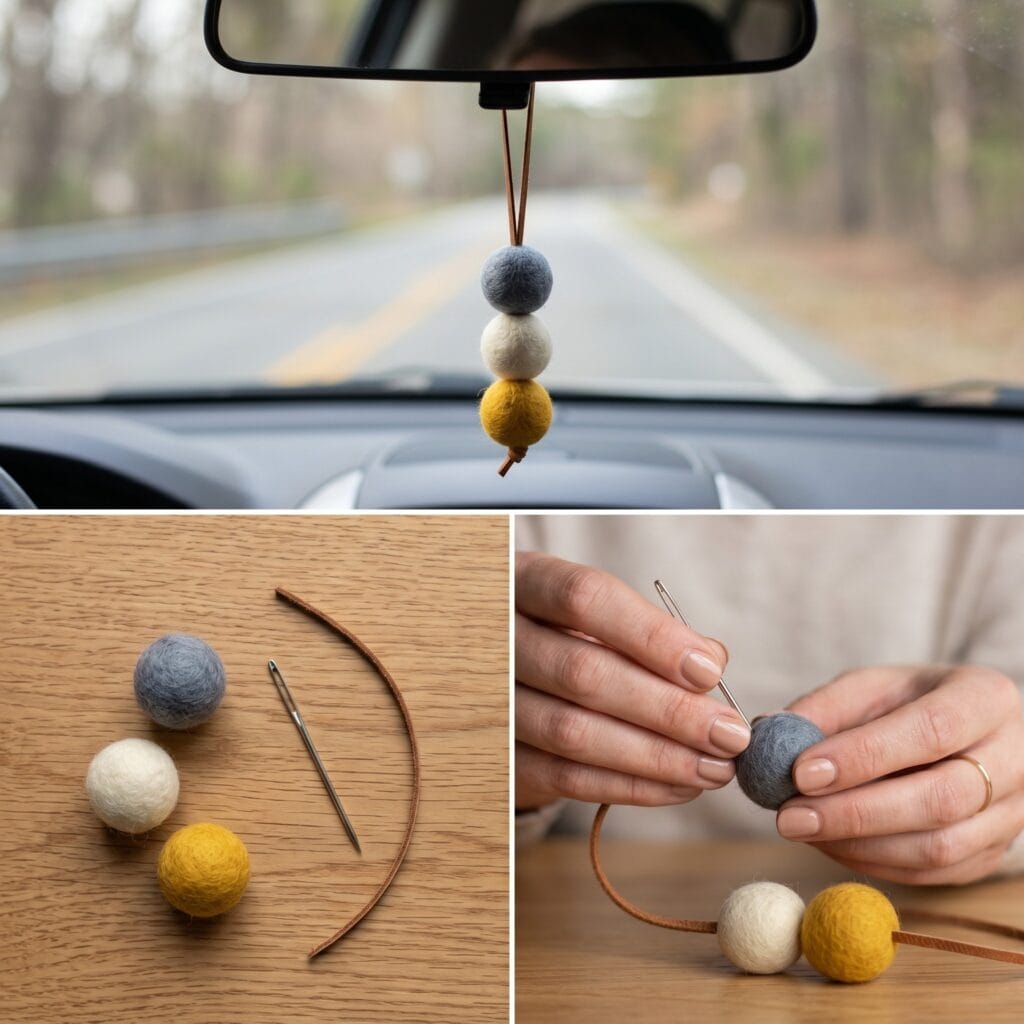 A 3-panel aromatherapy craft collage showing grey, cream, and mustard yellow wool felt balls being threaded on a leather strip with a needle to create modern sphere DIY car charms.