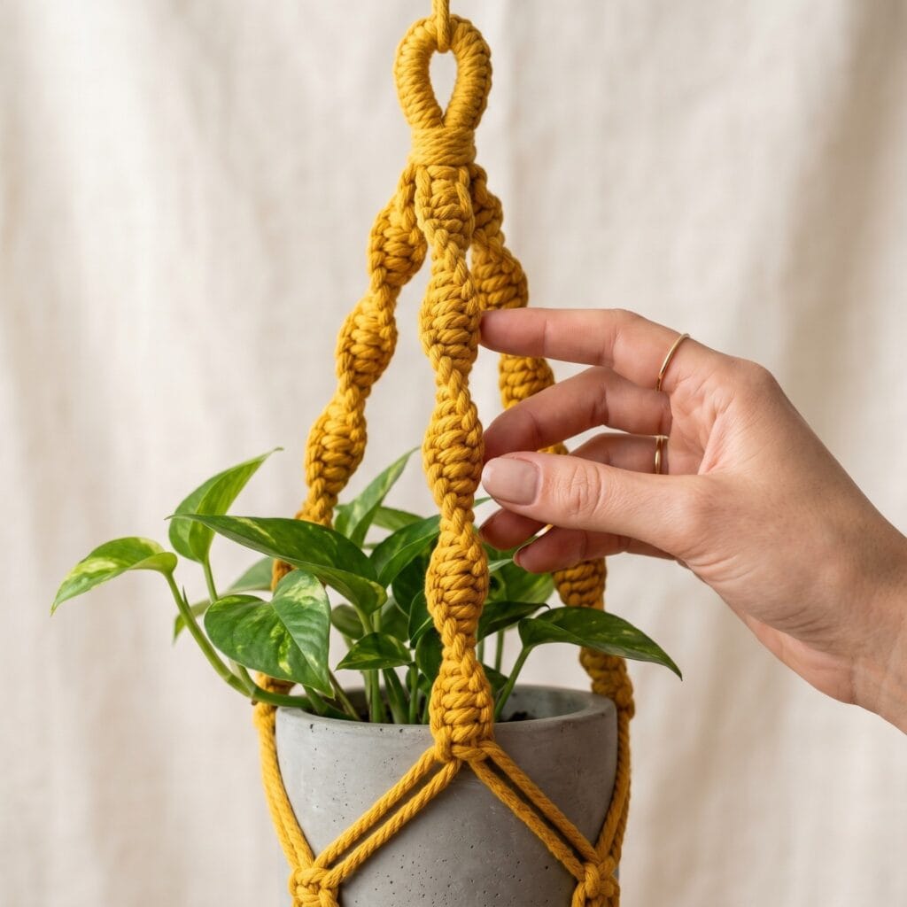 A vibrant mustard yellow macrame plant hanger with a twisted spiral knot design holding a matte grey concrete pot.