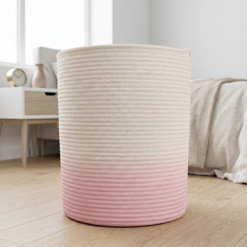 A tall coiled cotton rope storage bin painted with a beautiful soft pink ombre pastel fade gradient.