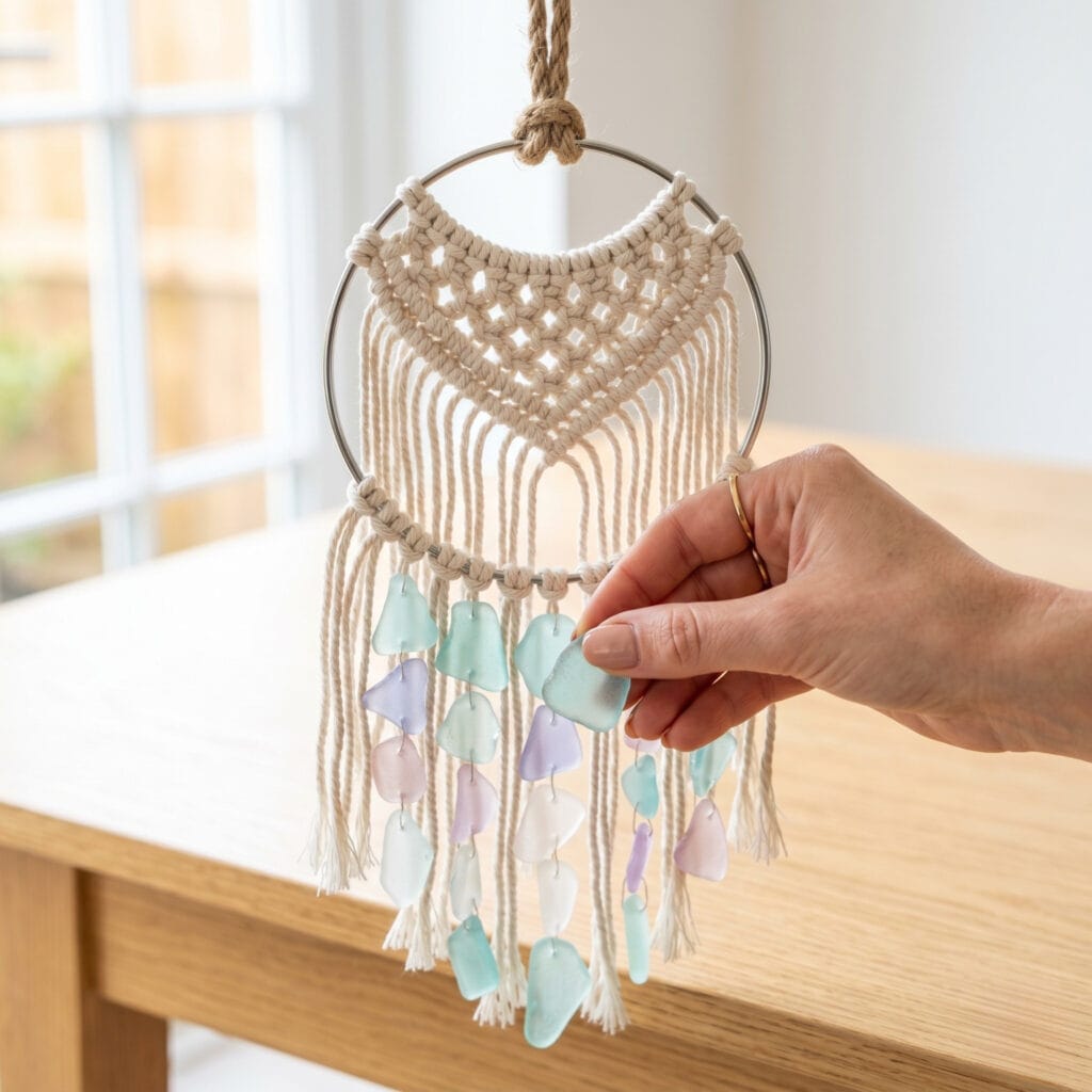 A handmade sea glass wind chime featuring a metal craft ring with cream cotton macrame knots, suspended from above by a sturdy rustic jute rope.
