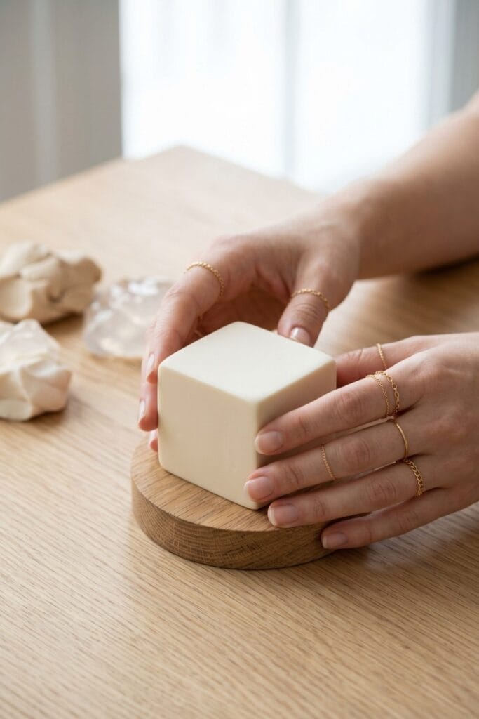 Close-up of female artisan hands holding a completed perfect cream-colored cube made of clay and slime mixture, displaying its smooth matte texture on a small wood block.