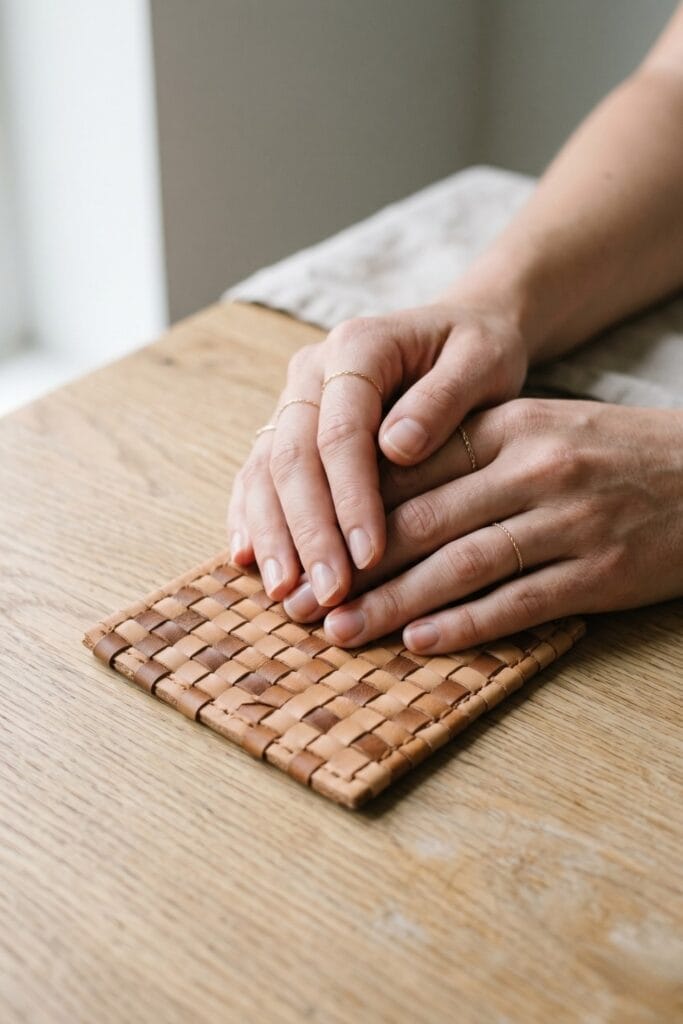 Close-up of female artisan hands touching a completed square coaster made of tightly woven thin scrap leather strips.