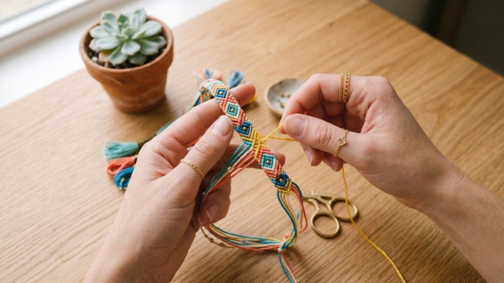 A top-down view of artisan hands making DIY bracelets with string on a light oak wood table with soft natural lighting.