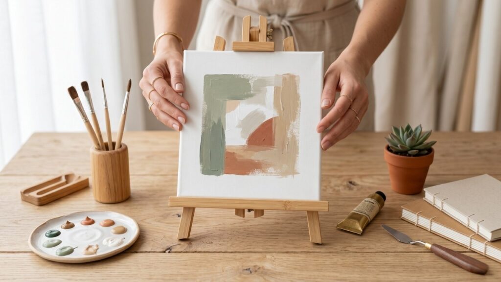 A central-heavy composition of female artisan hands positioning a minimalist canvas on a light oak table, surrounded by supplies for easy painting for beginners.