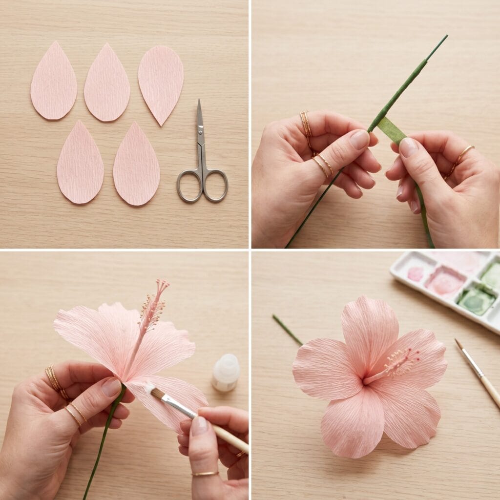 A perfectly square 1:1 photo grid tutorial showing the 4 logical steps of making a paper hibiscus: cutting the crepe paper petals, constructing the stamen, attaching the petals, and painting watercolor details.