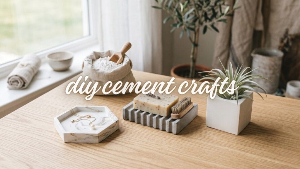 A text-free 16:9 aesthetic lifestyle photograph of a curated studio mood board for DIY cement crafts. A finished marble hexagon dish, a fluted soap dish, and an air plant cube rest on a light oak wood table next to a bag of white cement. Soft natural sunlight.