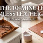 No-Sew Leather Valet Tray holding glasses and a key on a wooden desk