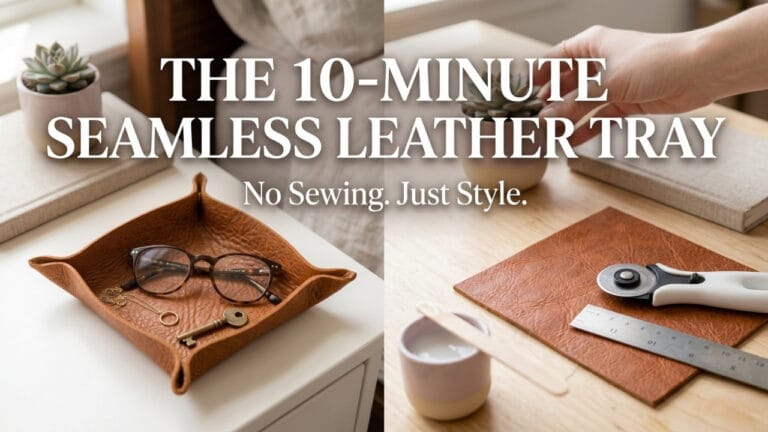 No-Sew Leather Valet Tray holding glasses and a key on a wooden desk