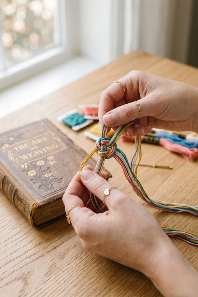 Close-up of intricate knotting techniques for DIY bracelets with string featuring a small succulent in the background.
